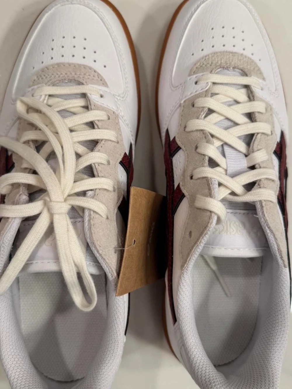 ASICS White Sneakers with Maroon Stripes and Gum Sole